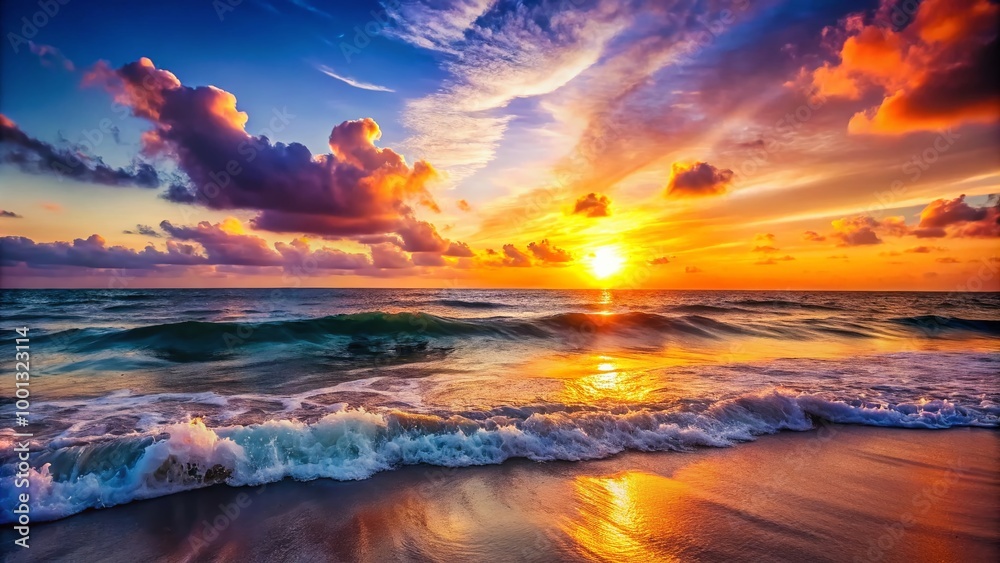 Vibrant sunset over serene ocean waves, featuring a subtle gradient of warm hues, creating a calming and visually
