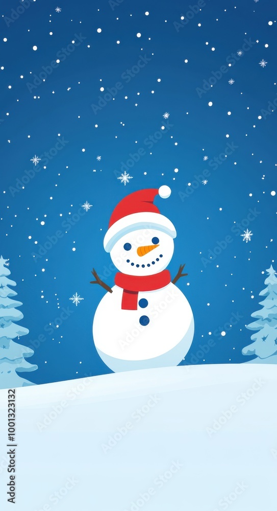 Snowman on the snow, simple background with blue sky and white clouds, cartoon style, flat design, cute, simple, minimalist, Christmas atmosphere, mobile wallpaper, mobile phone desktop theme. Snowman on the snow, simple background with blue sky and white clouds, cartoon style, flat design, cute, simple, minimalist, Christmas atmosphere, mobile wallpaper, mobile phone desktop theme.