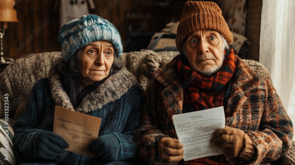 Fototapeta premium Poor sad old family couple don't have money to pay for home heating and sit together in winter hats