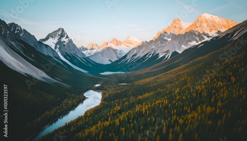 Breathtaking aerial perspective of the Malbaie River framed by lush greenery in Quebecs serene landscape photo