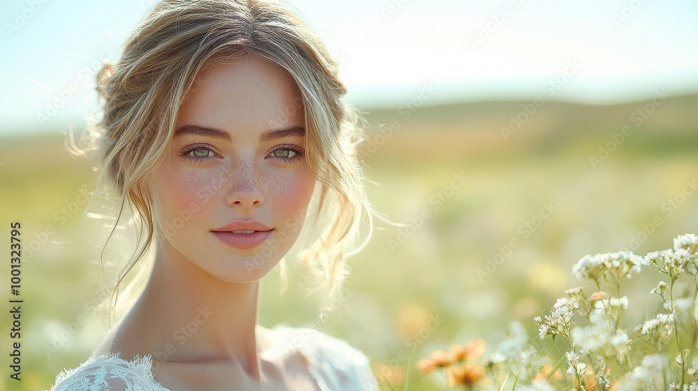 Young Woman in Wildflower Field With Contemplative Expression. Young Woman in Wildflower Field With Contemplative Expression.