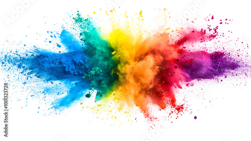 Colorful rainbow holi paint color powder explosion isolated on white wide panorama background ,Explosion of colored powder on white background