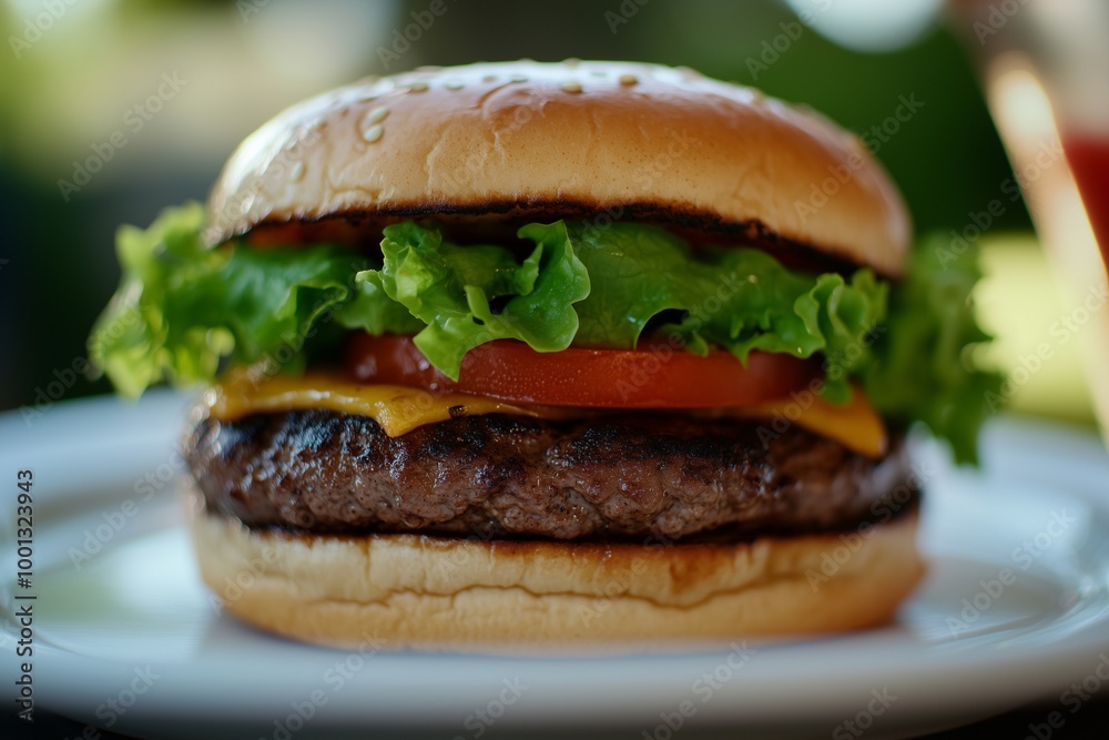 A close-up of a gourmet burger with lettuce, tomato, cheese, and a perfectly toasted bun on a white plate. A close-up of a gourmet burger with lettuce, tomato, cheese, and a perfectly toasted bun on a white plate.