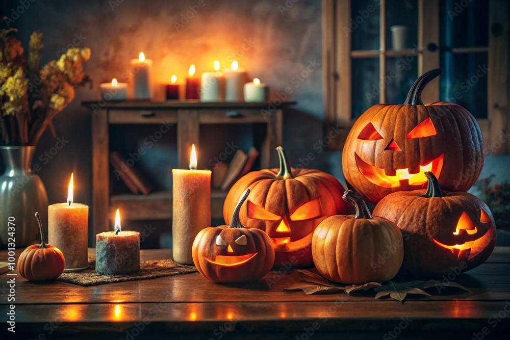 Fototapeta premium Halloween pumpkins with burning candle on table in dark living room