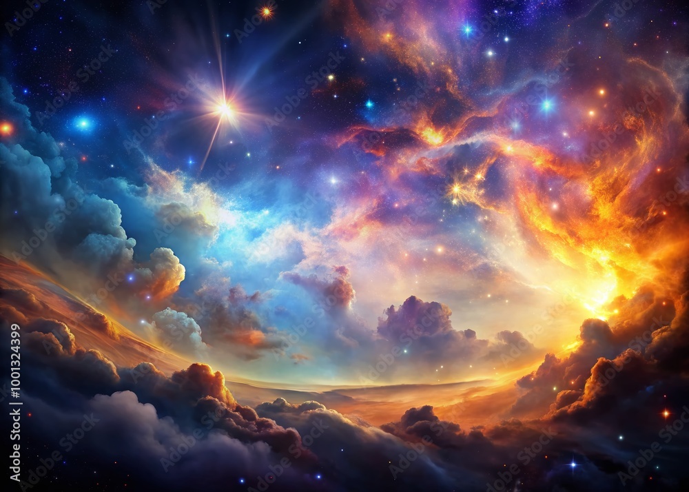 Naklejka premium Vibrant, swirling clouds of iridescent gas and dust illuminate the cosmos, creating a stunning, ethereal background