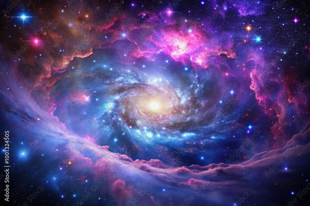 Vibrant, swirling clouds of purple, blue, and pink gas illuminate a star-studded galaxy, with countless twinkling Vibrant, swirling clouds of purple, blue, and pink gas illuminate a star-studded galaxy, with countless twinkling