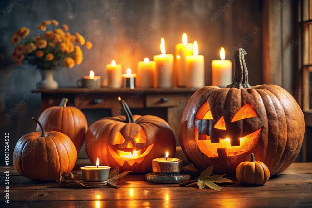 Fototapeta premium Halloween pumpkins with burning candle on table in dark living room