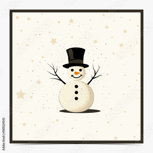Cute Christmas greeting card, postcard, invitation with snowman on light beige, snowy background, vector illustration