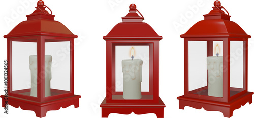 isolated 3d red lantern with candle. christmas decoration realistic illustration