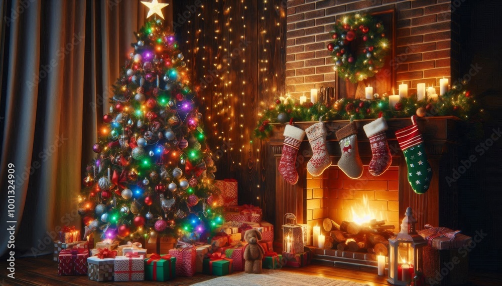 A beautiful Christmas tree near the fireplace. Preparing for Christmas and New Year A beautiful Christmas tree near the fireplace. Preparing for Christmas and New Year