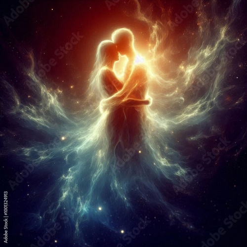 Soul of man and woman at abstract cosmic background, spiritual landscape, some wispy energy. Human souls couple in love. Astral body, esoteric and spiritual life concept
