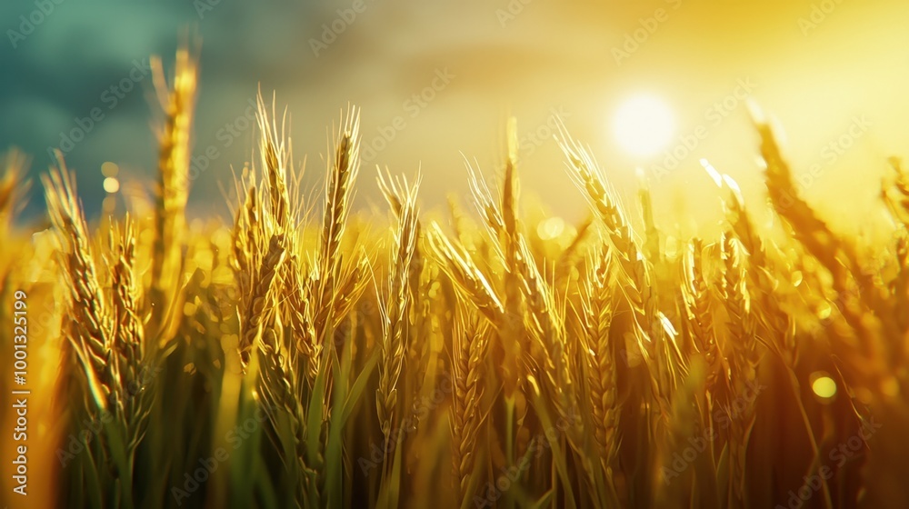 Golden wheat field swaying gently under a vibrant sunset sky Golden wheat field swaying gently under a vibrant sunset sky