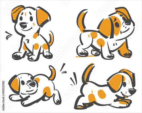 A cute simple orange and white puppy with different poses. Dog illustration.