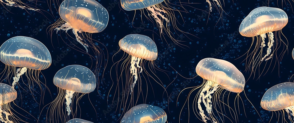 Seamless Illustration of golden jellyfish in the dark ocean