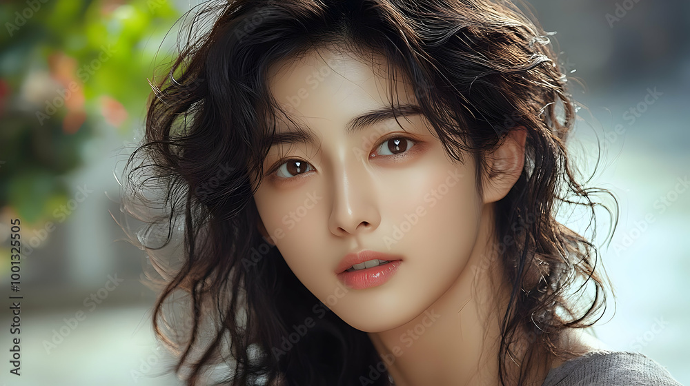 Beautiful Woman with Long, Wavy Hair Looking at Camera Beautiful Woman with Long, Wavy Hair Looking at Camera