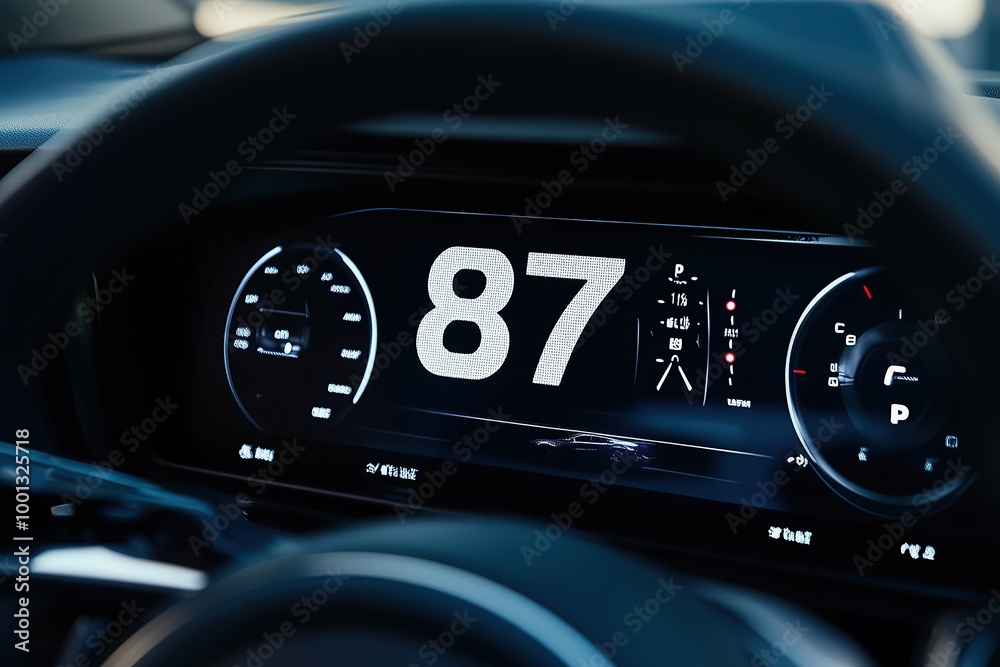 Close-up of the digital speedometer with white numbers and black shadows around it Close-up of the digital speedometer with white numbers and black shadows around it