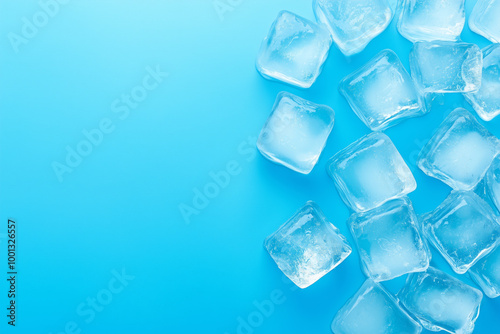 Ice cubes scattered on a bright blue surface giving a refreshing summer vibe