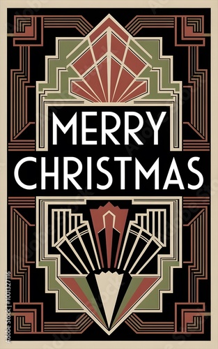 A vintage holiday gift card with an ornate Art Deco frame filled with unique geometric patterns. The frame is adorned with the words Merry Christmas.