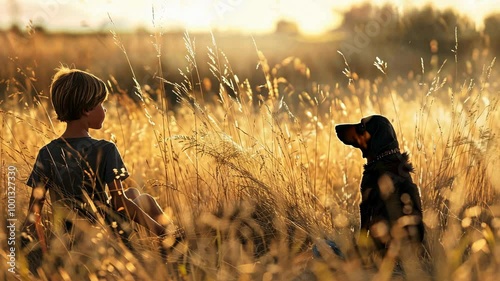 A young boy sits in a field of tall grass with his dog, enjoying the warm evening sun photo