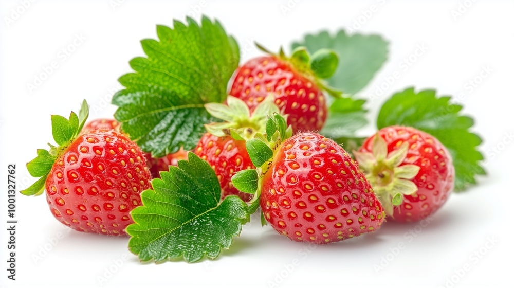 A cluster of ripe, juicy strawberries with their green leaves, set on a pure white background. A cluster of ripe, juicy strawberries with their green leaves, set on a pure white background.