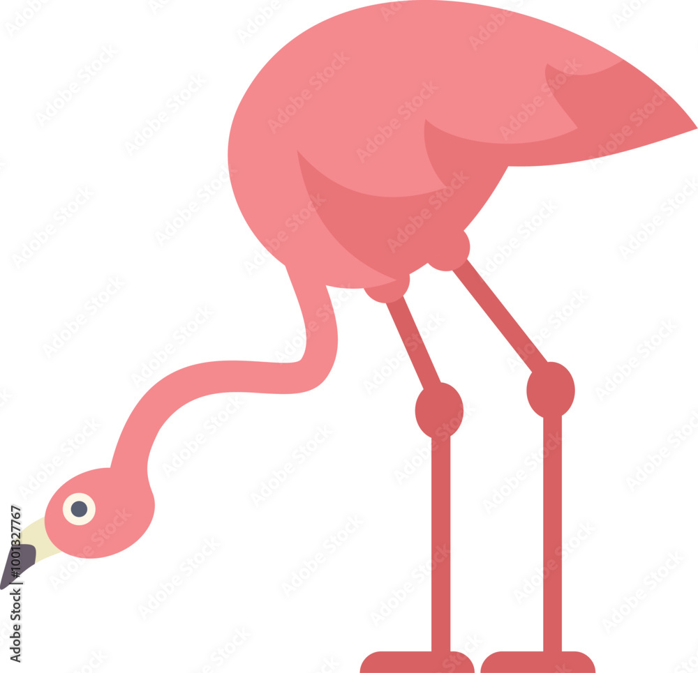 Illustration of a pink flamingo standing on its long legs and looking for food on the ground Illustration of a pink flamingo standing on its long legs and looking for food on the ground