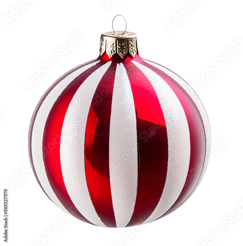 Red and white striped Christmas bauble ornament on white or transparent background