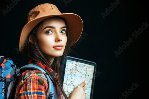 Girl with a tablet with a map of the area, copyspace photo