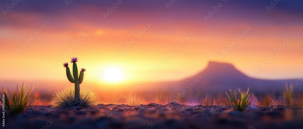 Desert Sunset with Majestic Cactus Against Vibrant Sky. Desert Sunset with Majestic Cactus Against Vibrant Sky.