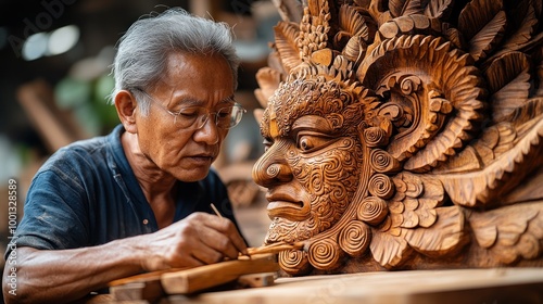 An artisan meticulously carving a detailed wooden sculpture.