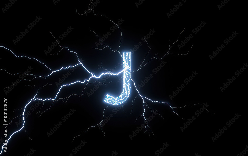 Letter J electric blue lightning bolts radiating from central point on black background Letter J electric blue lightning bolts radiating from central point on black background