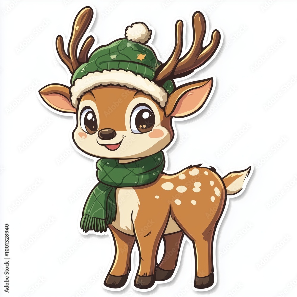 Fototapeta premium Cartoon deer with green hat and scarf, white isolate background