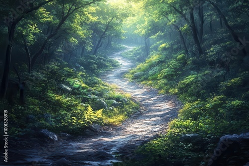 winding road meandering through a lush dense forest dappled sunlight filtering through the leaves creating a sense of adventure and tranquility in natures embrace