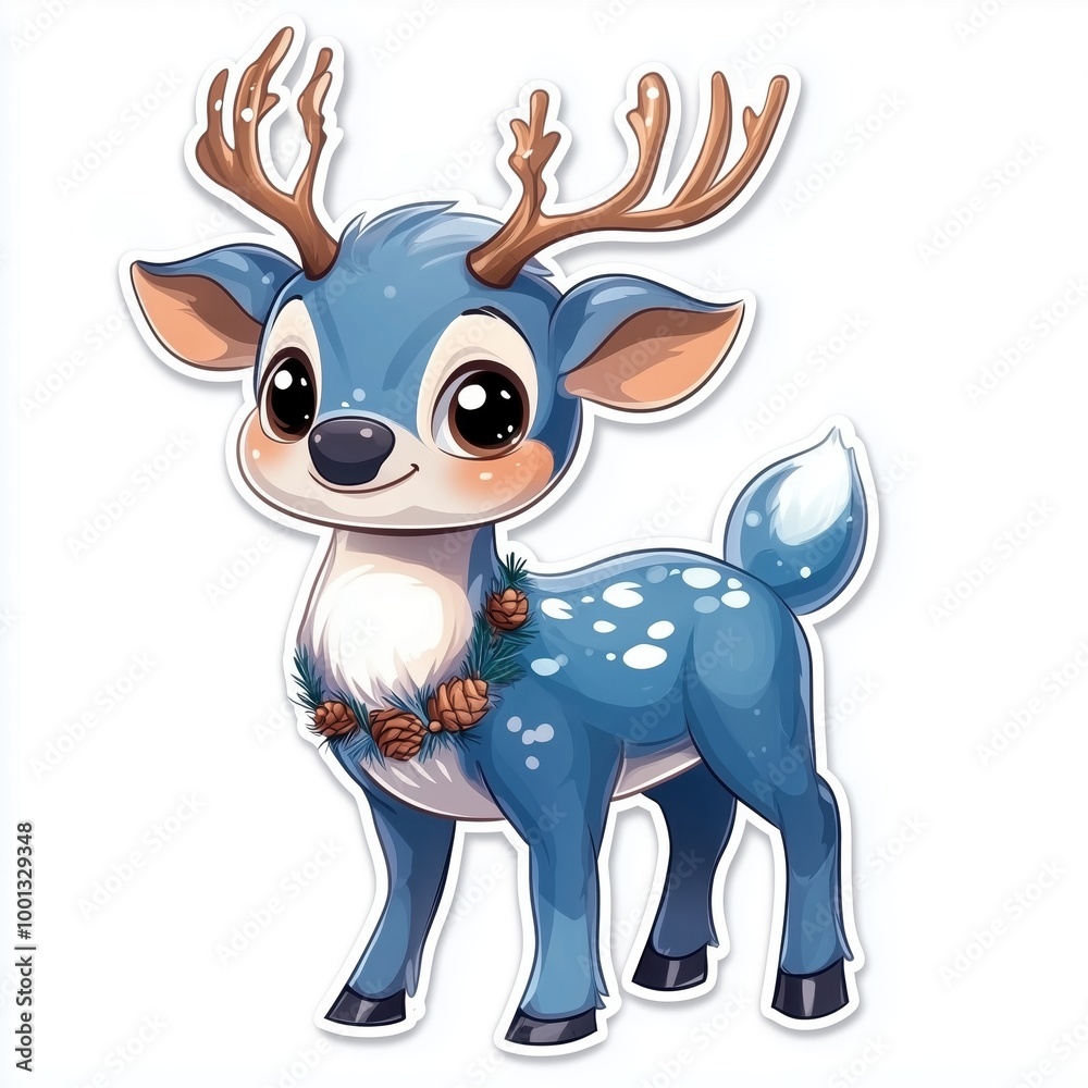 Cute cartoon reindeer with blue fur and antlers, white isolated background. Cute cartoon reindeer with blue fur and antlers, white isolated background.