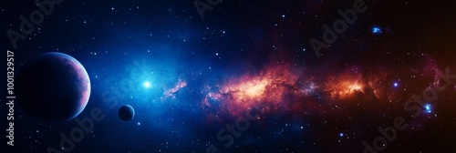 A breathtaking cosmic landscape with planets, stars, and nebulae, symbolizing the vastness of space, the beauty of celestial bodies, the mystery of the universe, the wonders of exploration, and the in