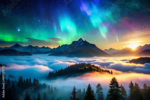 Vibrant ultrawide 8K desktop background featuring a mystical aurora borealis dancing across a serene starry night sky,