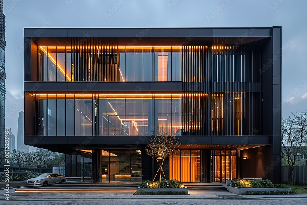 A tall building with a lot of windows and a black facade A tall building with a lot of windows and a black facade