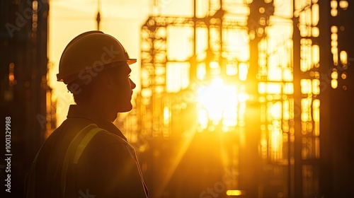 Silhouette of a male power plant worker gazing at the setting sun, with the golden rays shining through a complex backdrop