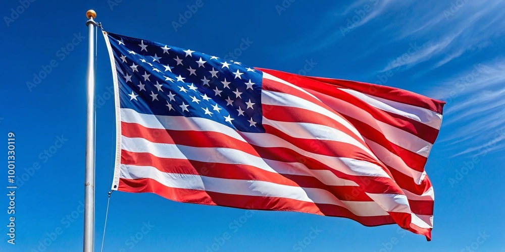 Vibrant vertical American flag waving in the wind, showcasing bold red and white stripes and white stars on