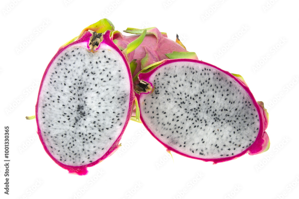 Halved dragon fruit placed separately on white background. Halved dragon fruit placed separately on white background.