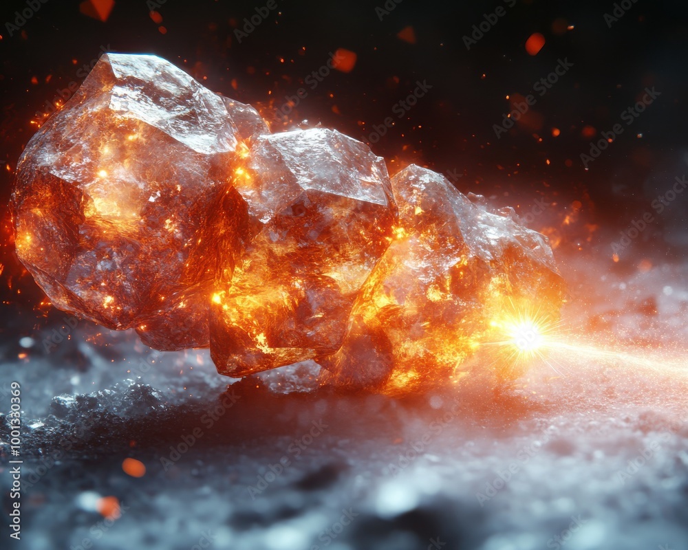 Glowing meteorite touching down on a surface showing intense heat and sparks; a captivating visual of space rock impact and fire Glowing meteorite touching down on a surface showing intense heat and sparks; a captivating visual of space rock impact and fire