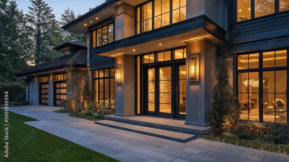 The entrance of a luxury home with elegant design, featuring large windows and a sleek facade under the warm glow The entrance of a luxury home with elegant design, featuring large windows and a sleek facade under the warm glow