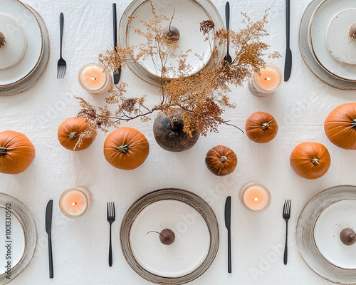 Minimalist fall-themed table setting with pumpkins photo