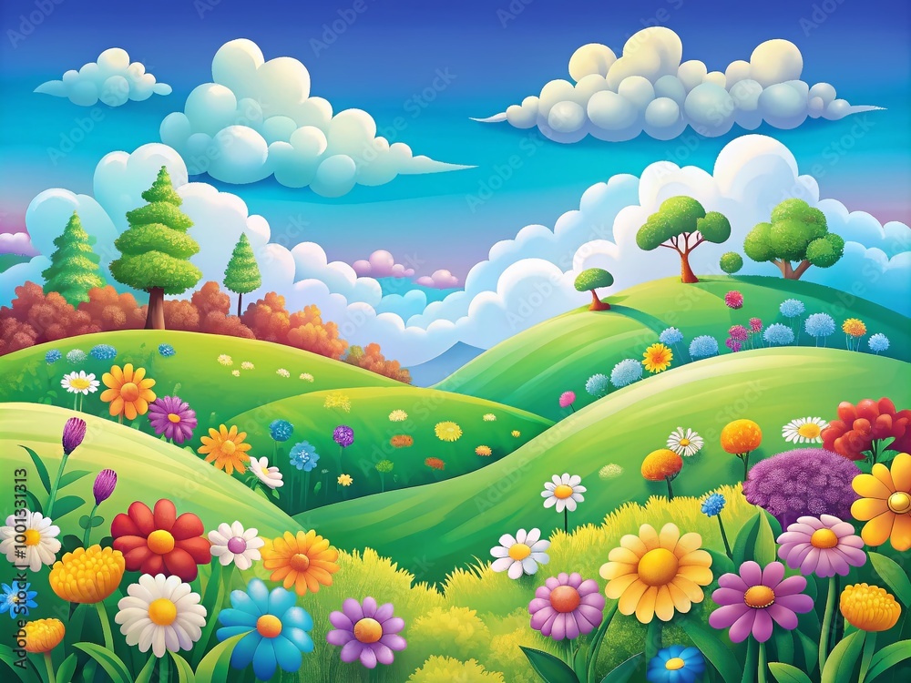 Fototapeta premium Vibrant, whimsical cartoon landscape featuring rolling hills, fluffy clouds, and colorful flowers, evoking a sense of