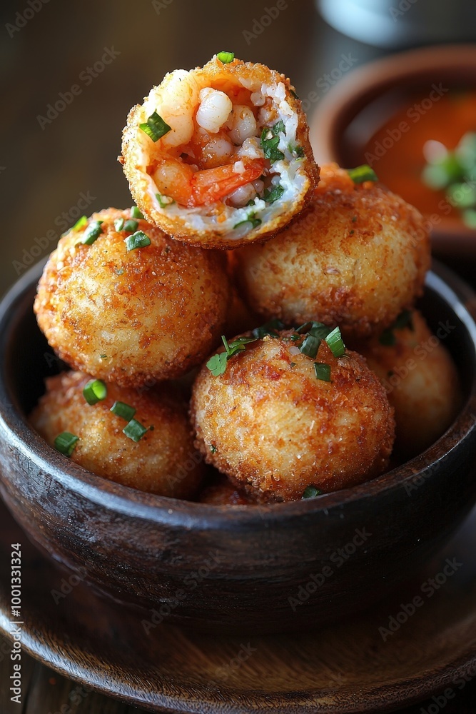Acarajé: A deep-fried ball of black-eyed pea dough, filled with shrimp and vatapá (spicy paste). Acarajé: A deep-fried ball of black-eyed pea dough, filled with shrimp and vatapá (spicy paste).