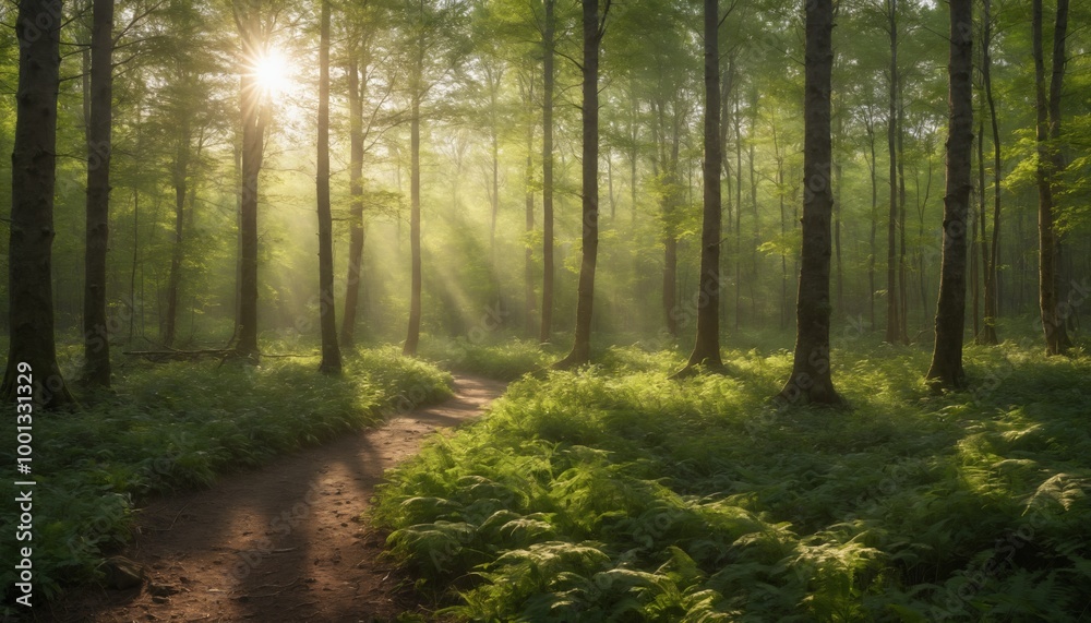Fototapeta premium Golden sunlight filters through lush green trees in a serene forest at dawn, creating a magical atmosphere filled with tranquility