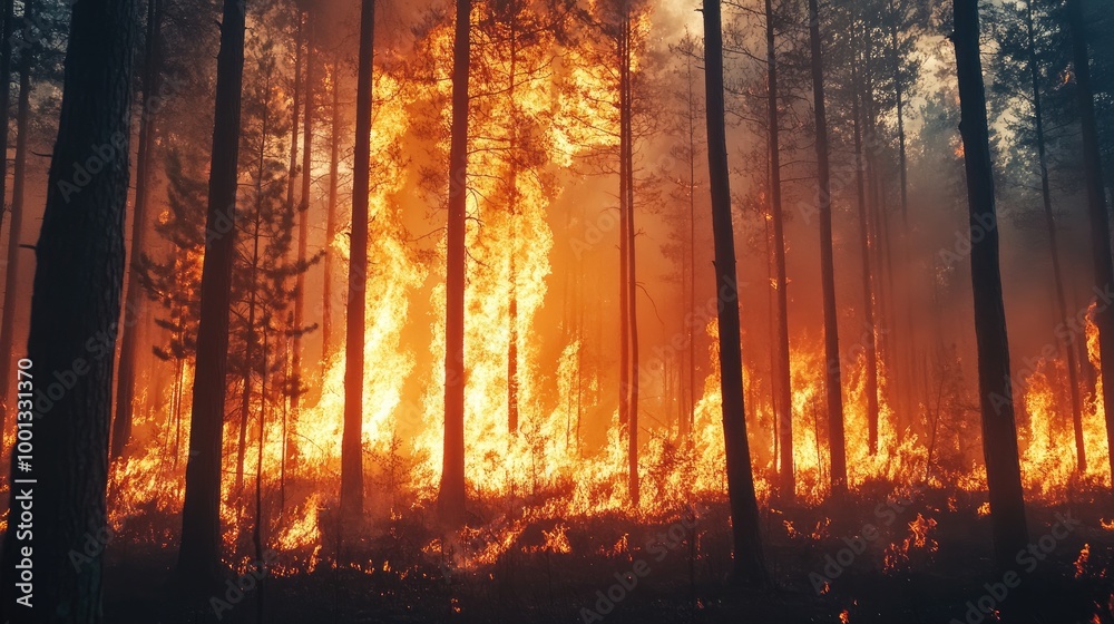 Wildfire spreading rapidly through a forest, with bright flames and smoke filling the air, a sign of increasing global environmental crises. Wildfire spreading rapidly through a forest, with bright flames and smoke filling the air, a sign of increasing global environmental crises.