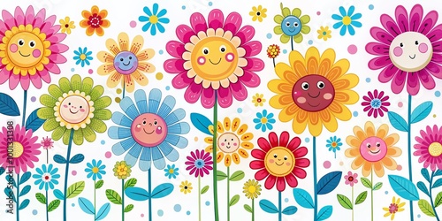 Vibrant, whimsical cartoon flowers in shades of pink, yellow, and blue dance across a bright white background, creating