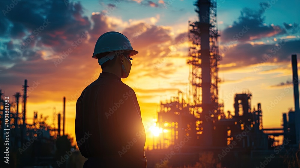 Worker in hard hat, silhouetted against the evening sky, framed by massive power plant structures as the sun sets behind. Worker in hard hat, silhouetted against the evening sky, framed by massive power plant structures as the sun sets behind.