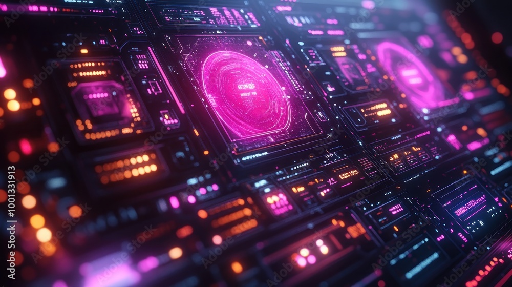 Abstract digital circuit with vibrant pink and blue lights. Abstract digital circuit with vibrant pink and blue lights.