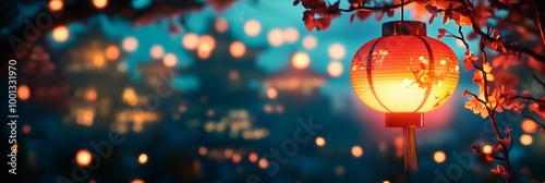 A glowing red lantern hangs from a cherry blossom branch, illuminating the night with a warm, inviting glow. The bokeh lights in the background create a magical and romantic atmosphere.